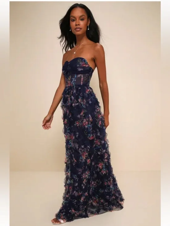 NWT Lulus Stunning Element Navy Floral Mesh Ruffled Strapless Maxi Dress - Picture 3 of 7